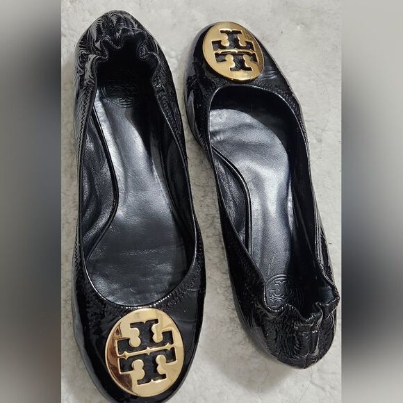 Tory Burch Reva Women's Patent Tumble Leather Ballet Flats Black/Gold US 8.5 - Picture 11 of 11